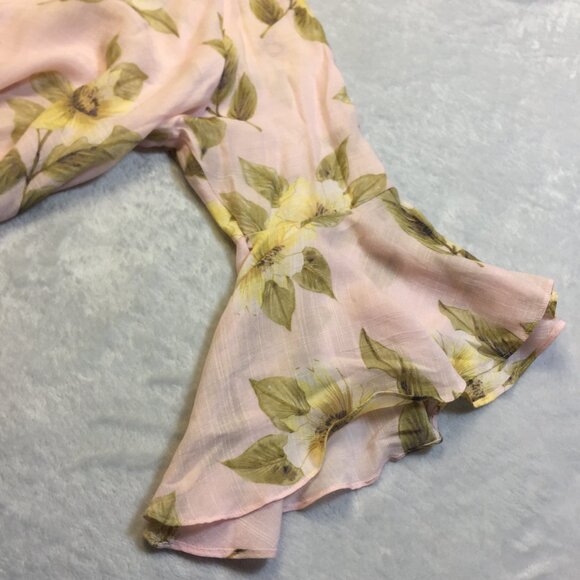 LC Lauren Conrad Blouse Tunic Top XL Womans Pink Yellow Floral Long Bell Sleeve - Picture 4 of 15